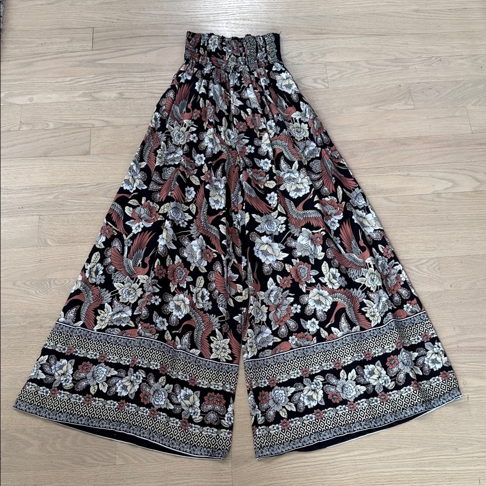 Black Floral Wide-Leg Pants One Size